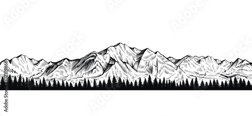 Vector seamless mountain with coniferous forest sketch, endless rock ranges panorama.