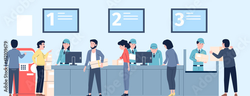 Post delivery office and visitors with letters and parcels. Letter order, postal service and workers behind desk. Waiting line recent vector characters