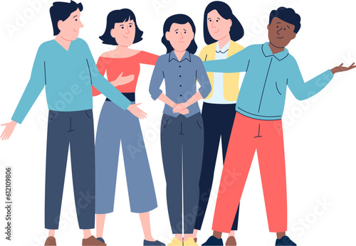 Friends together in grief, consoled and support sad friend. Empathy and mental help, young adults group helping disappointed man. Recent vector scene