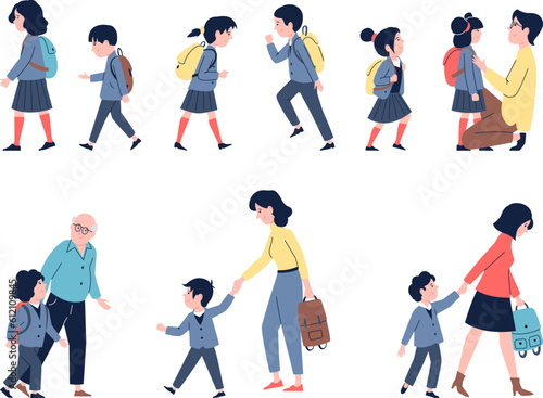Students back to school characters. Little pupil with backpack and mother. Kindergarten or primary class, autumn study recent vector children