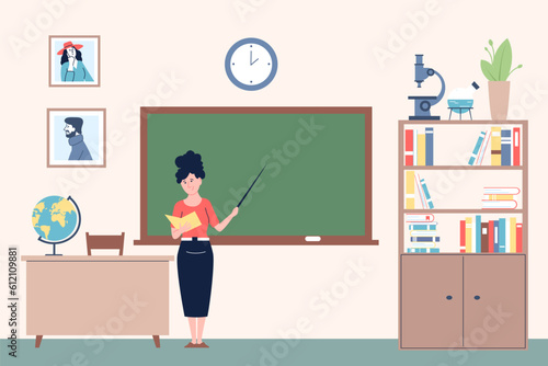 Teacher in classroom. Flat school or university class and young female professor at chalkboard. Education courses, lecturer or teaching recent vector scene