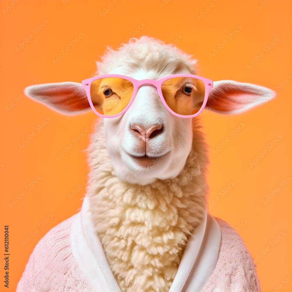 Stylish sheep in sunglasses on orange background. AI Generative.