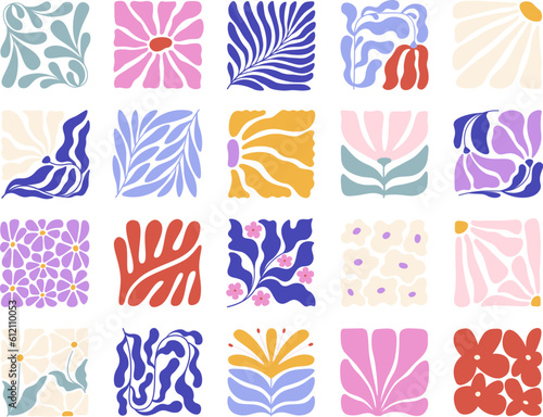 Trendy abstract botanical tiles, matisse inspired graphic art. Floral contemporary elements, decorative fashion design. Racy plants vector clipart