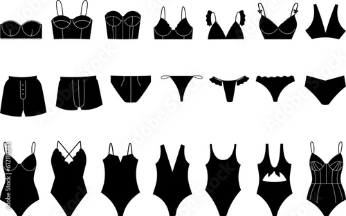 Lingerie black icons set. Male and female panties, women bras and swimwear silhouettes. Swimsuit design, fashion underwear vector collection