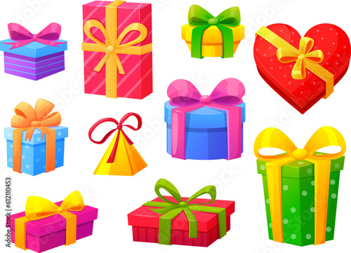 Cartoon gift boxes, digital gifts with bow graphic elements for celebration christmas or birthday. Party present pack nowaday vector clipart