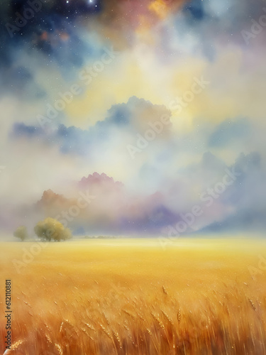Wheat field and blue sky. AI generated illustration © vector_master