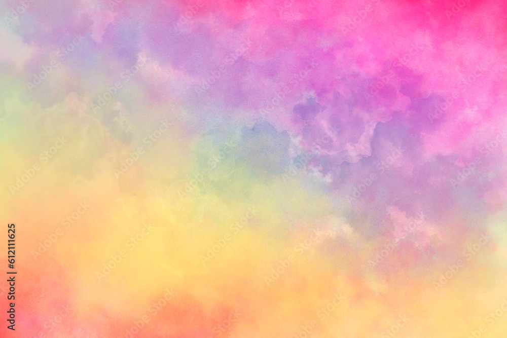Abstract colorful watercolor background. Spring or Easter sunrise sky. Easter background. Painted watercolor blob texture. Orange yellow blue green purple and pink color. Soft pastel and bright colors