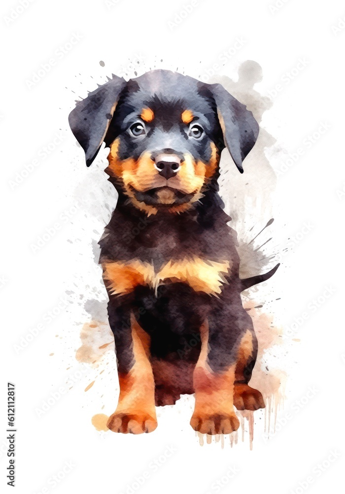 Cute Rottweiler puppy on white background, cartoon watercolor illustration. Generative AI.