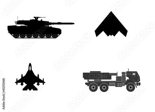 Avion de chasse, char et lance roquettes en icônes photo