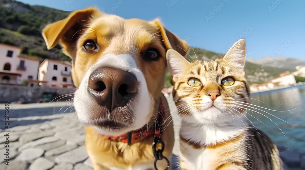 Cat and dog taking selfie on vacation in a seaside village.