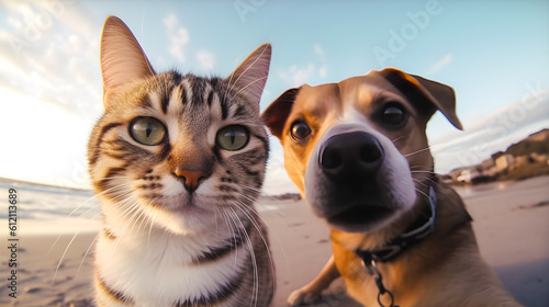 Cat and dog taking selfie on vacation at the beach.