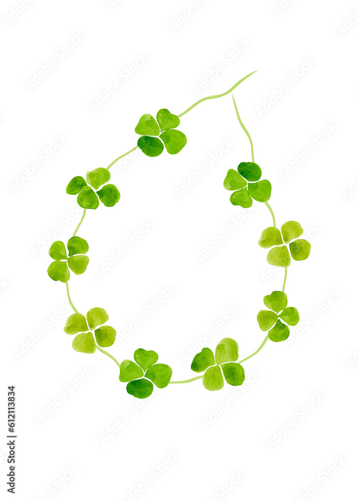 Watercolor illustration of green quatrefoil. Isolated illustration of a bracelet made of flowers Watercolor illustration of green quatrefoil. Isolated illustration of a bracelet made of flowers