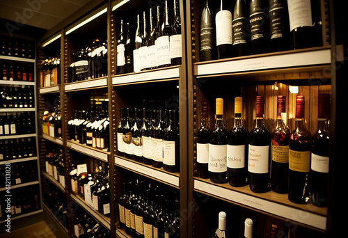 Shelves in a liquor store with different types of wine. AI Generated