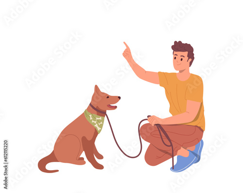 Happy young man cartoon pet owner character teaching loving dog new command during walk outdoors