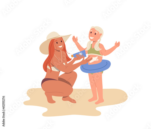 Happy family rest on sand beach during summer vacation, mother applying sunscreen to daughter