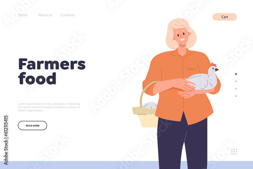 Landing page design template for farmers food promotion with mature woman farmland worker character