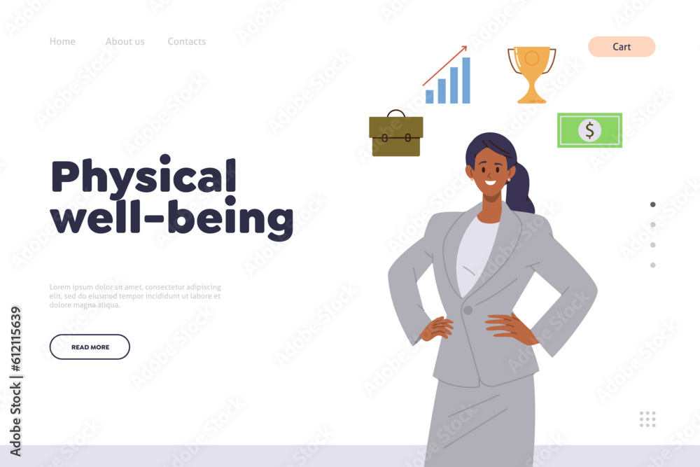 Physical well-being concept for landing page with happy businesswoman character feeling harmony Physical well-being concept for landing page with happy businesswoman character feeling harmony