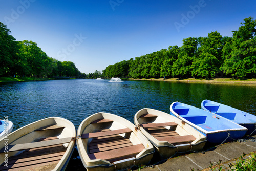 rowboats lying on the shore of bluecherpark in cologne on a sunny day