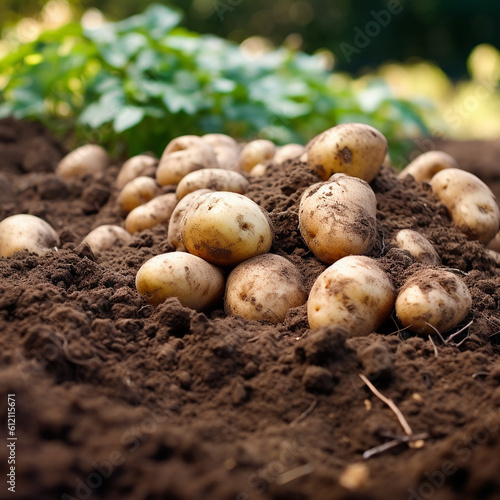 Lot  of potato tubers on ground  good harvest  agriculture  for advertising seeds and fertilizers  generative ai