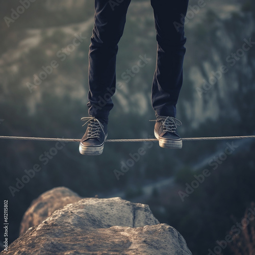 Legs of man walking on tightrope over an abyss close-up, tightrope walker high above cliff, dangerous work, ai generative  photo