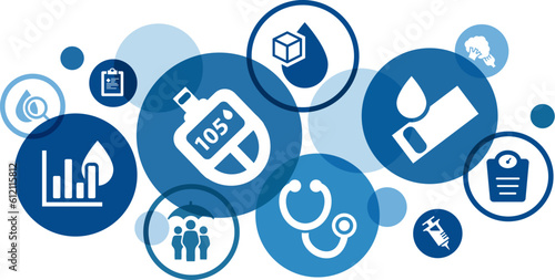 Diabetes vector illustration. Blue concept with icons related to diabetic checkup or monitoring, medical blood sugar or blood glucose screening, healthcare, administering insulin.