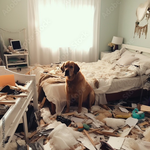 Big mess in bedroom, ruined broken torn things, guilty dog in middle, dog ruined everything in room, bully, generative ai photo