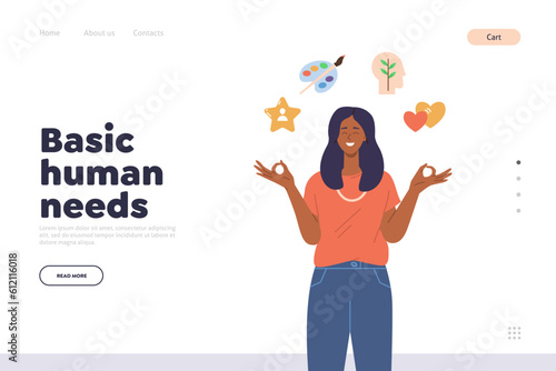 Basic human needs concept for landing page offering wellness, body and brain harmony practice