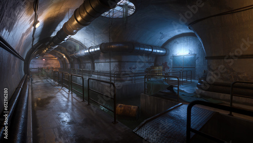 Fototapeta Naklejka Na Ścianę i Meble -  Dark moody underground sewer tunnel. 3D rendering.