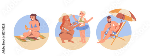 Set of round composition with happy people applying protective cosmetics while rest on seacoast