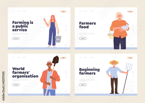 Farmer and gardener, agribusiness and ranch food production support online service landing page set