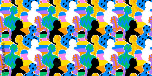 Colorful diverse people crowd abstract art seamless pattern. Multi-ethnic community, big cultural diversity group background illustration in modern collage painting style.