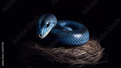 Blue snake on black background. Generative AI. (1)