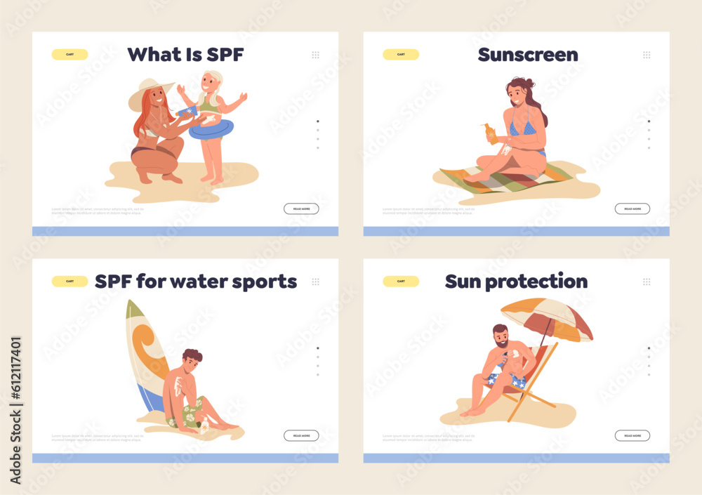 Set of landing page design template dedicated to sun protection during summer vacation time Set of landing page design template dedicated to sun protection during summer vacation time