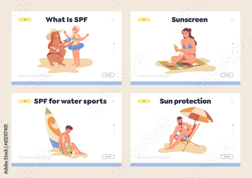 Set of landing page design template dedicated to sun protection during summer vacation time