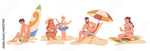 Set of people characters applying sunscreen cosmetics to protect from sun while rest on sand beach