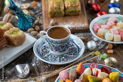 Turkish Coffee in the Colorful Eid Candy and Chocolate, Traditional Ottoman Cuisine Desserts, Turkish Delight and Baklava Photo, Üsküdar Istanbul, Turkiye