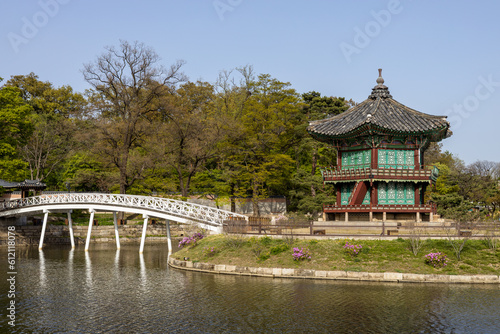 Pavilion, bridge and lake in Gyeongbokgung Palace