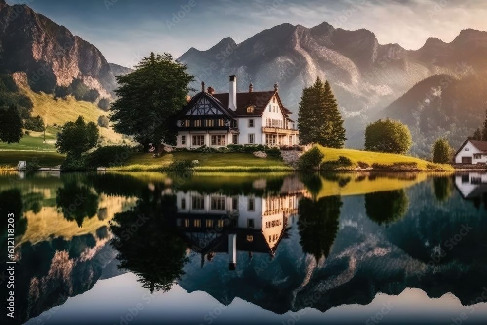Fototapeta premium peaceful house overlooking a green hillside and lake. Generative AI