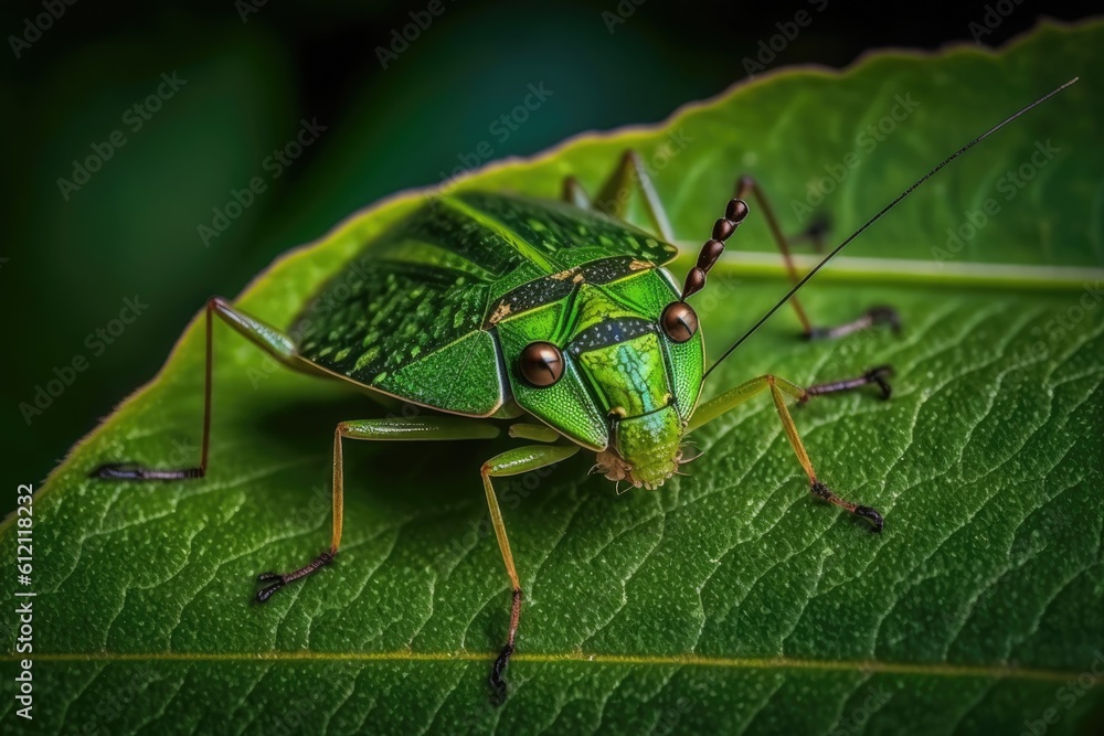 vibrant green insect perched on a leaf in close-up. Generative AI vibrant green insect perched on a leaf in close-up. Generative AI
