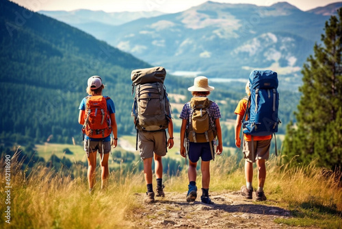 young family with children go trekking in the mountains in summer, created with Generative AI Technology