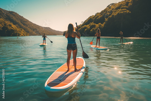woman on the sup board at the lake, created with Generative AI Technology © Masson
