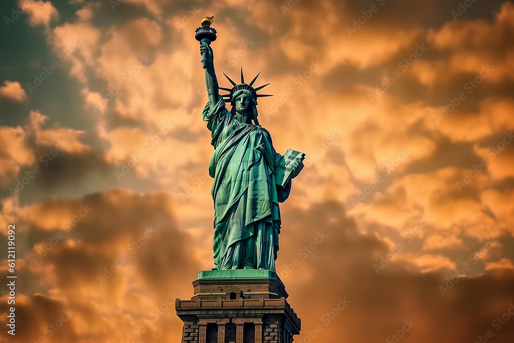 Obraz premium statue of liberty on the background of the city of new york, created with Generative AI Technology