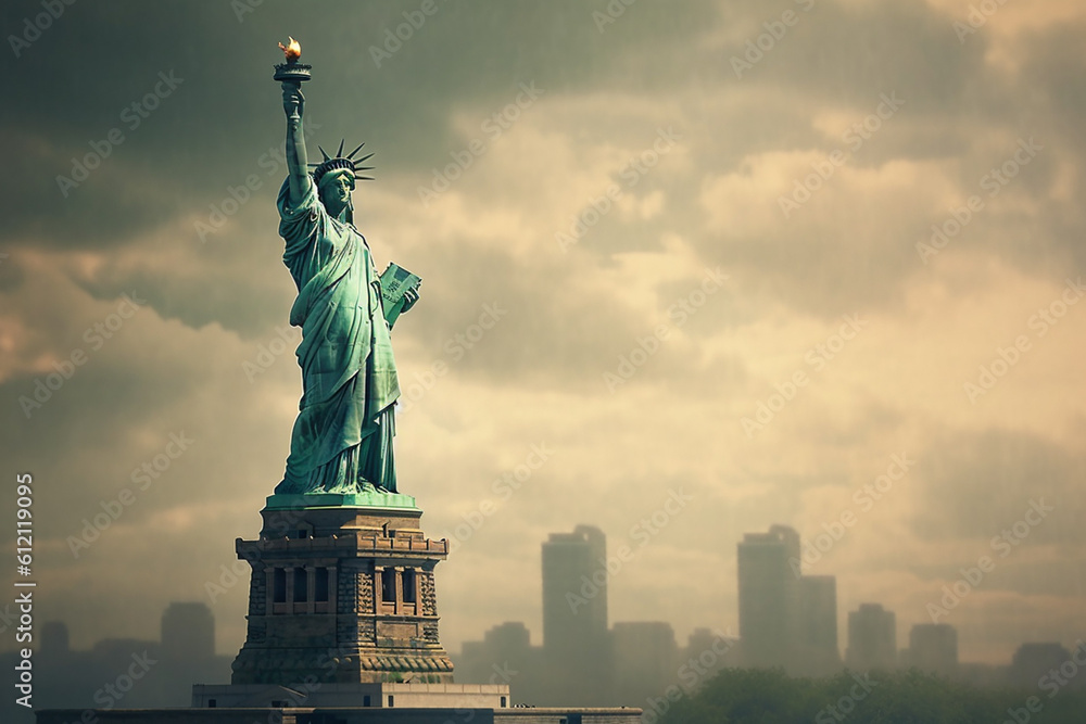 Obraz premium statue of liberty on the background of the city of new york, created with Generative AI Technology