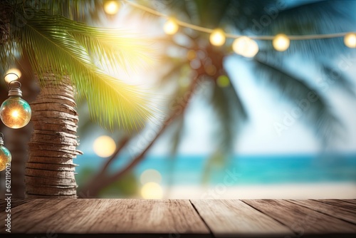 branches of a coconut palm tree with bokeh light and a blurred blue sky and water. Summer landscape in the tropics. the idea of a summer break. Generative AI