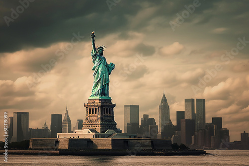 statue of liberty on the background of the city of new york, created with Generative AI Technology © Masson