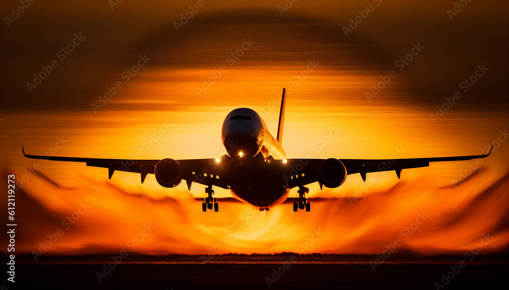 a commercial airplane taking off against the backdrop of a vibrant sunset. glorious warm colors of the sunset. ai generated
