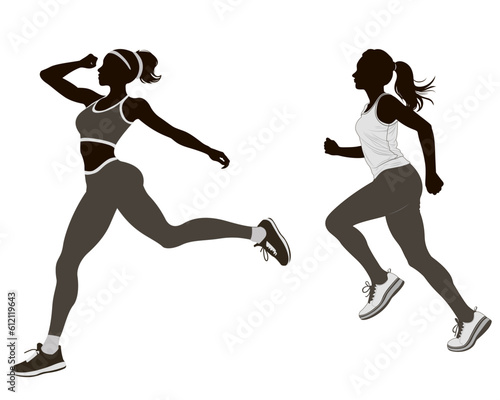 Women Running Silhouettes Dynamic Sport Exercise