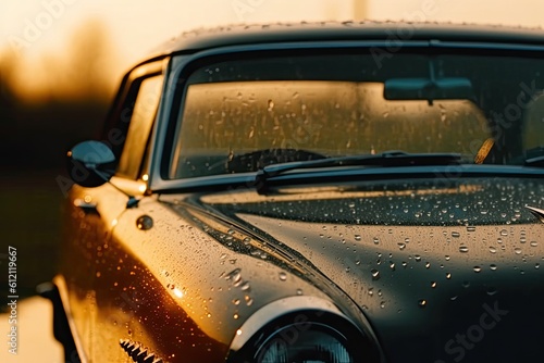 an antique car with raindrops on the windshield. Generative AI