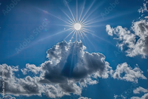 A bright day with a cloudy blue sky. The sun and its beams against a blue sky. Generative AI