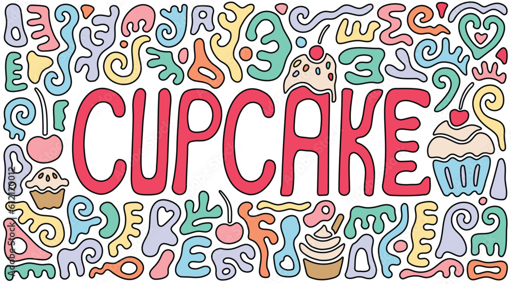 Delicious and Sweet Cupcake Typography Doodle Drawing in Gummy Abstract Shapes for Menu or Packaging Purposes